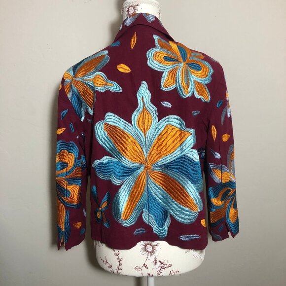 Ettwa Anthropologie Burgundy Floral Embroidered Boho Jacket Size L - Picture 5 of 13